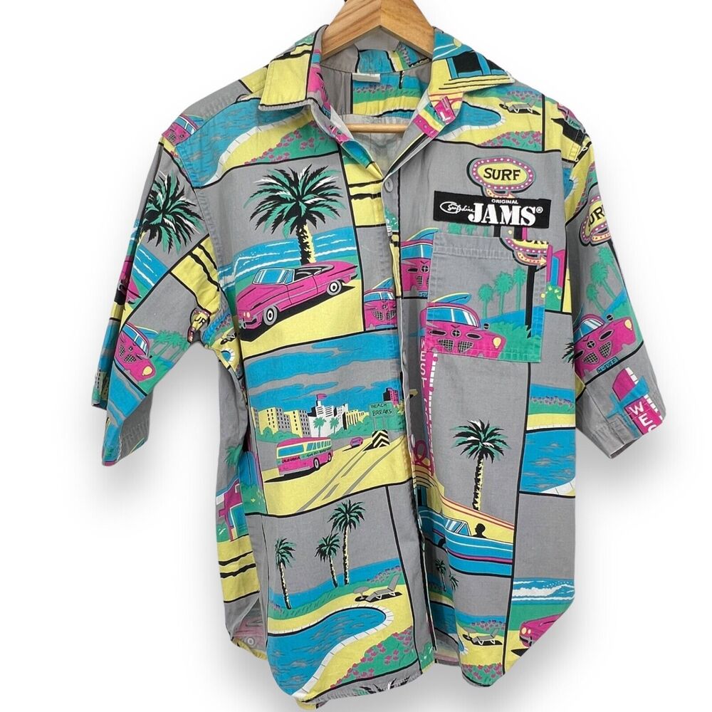 Vtg. Original Jams Button Up Men's M Gray Short Sleeve West Coast Print